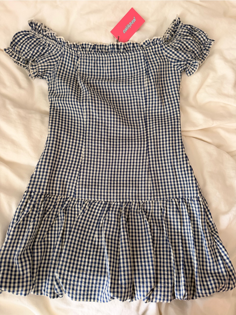 EDIKTED Blue & White Gingham Smocked bubble dress mini